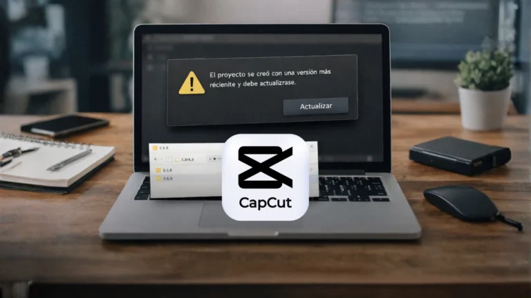 Laptop en escritorio moderno mostrando error de versión de CapCut en Windows con explorador de archivos abierto