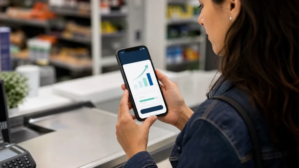 Mujer consultando un aumento de cupo de crédito digital en un comercio