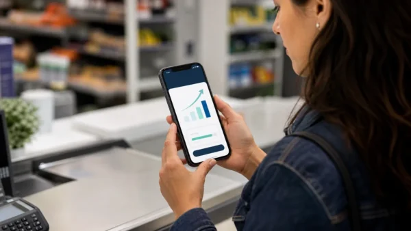 Mujer consultando un aumento de cupo de crédito digital en un comercio