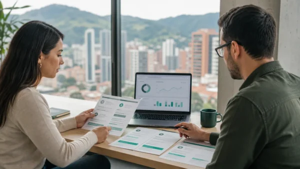 Dos profesionales comparan opciones de agencias SEO y métricas digitales en Bogotá