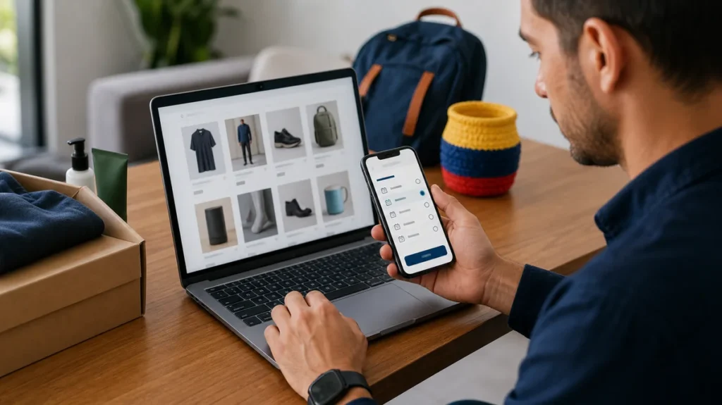 Persona comparando tiendas online y opciones de pago a cuotas en Colombia