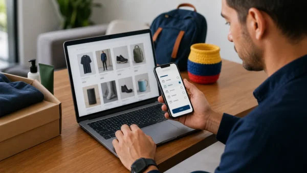 Persona comparando tiendas online y opciones de pago a cuotas en Colombia