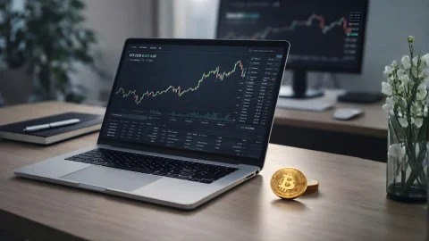 Análisis del precio de Bitcoin en una laptop con gráfico financiero